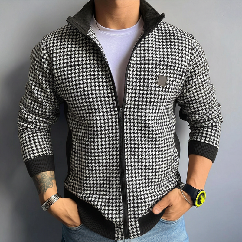 Men's Retro Casual Houndstooth Lapel Zipper Jacket  MTA1000J0TO