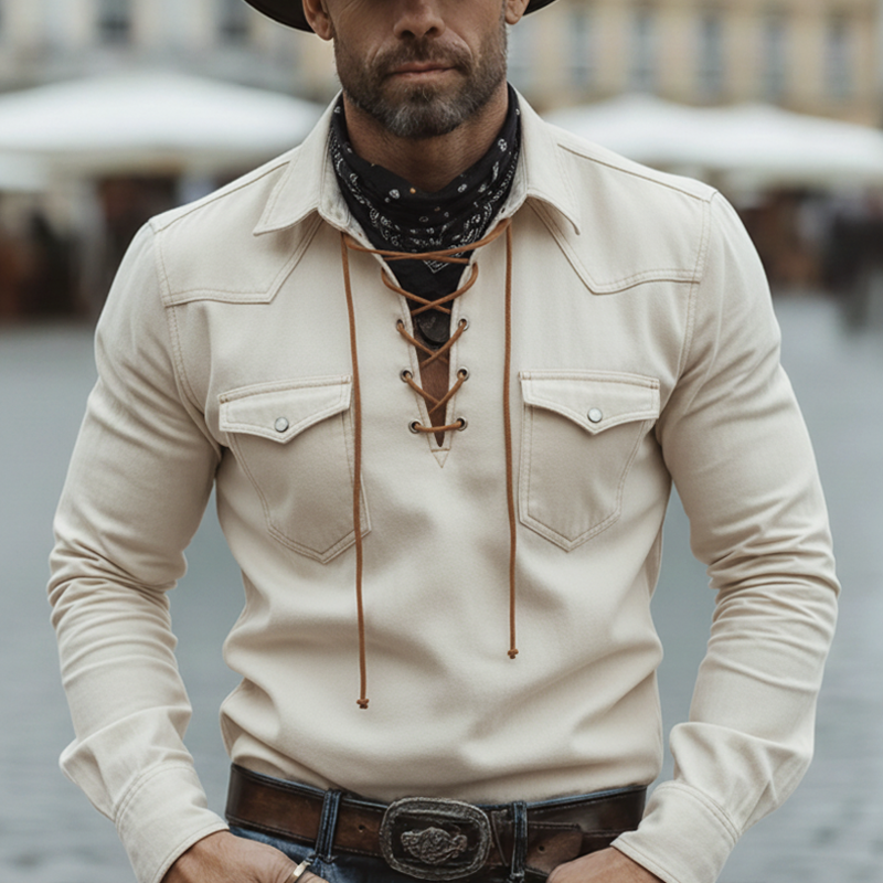 Men's Western Cowboy Style V-Neck Tie-Up Faux Suede Sweatshirt MTZ0955A8U