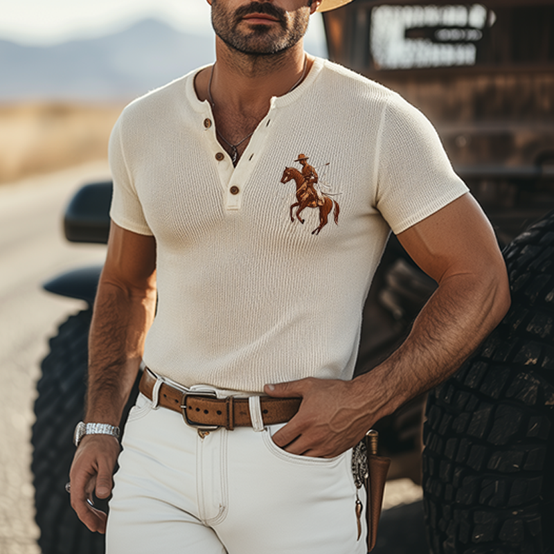 Men's Spring And Summer Fashion Casual Western Cowboy Style Henry Collar Slim Thin Knitted Embroidery Short Sleeve T-shirt MTA1559E4K