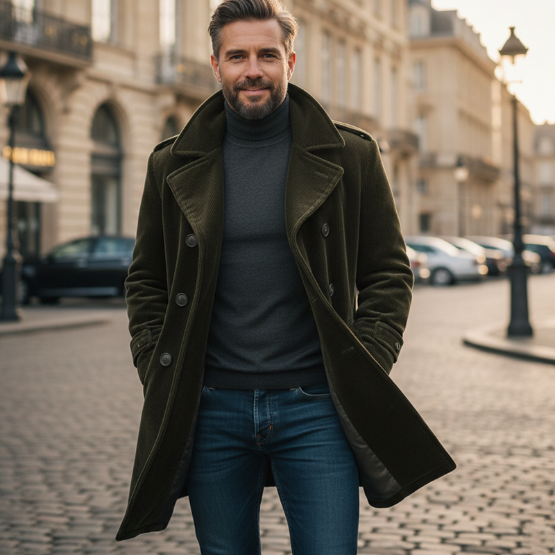 Men's Retro Classic Army GreenNotched Lapel Double-Breasted Corduroy Coat MTA3114J2U