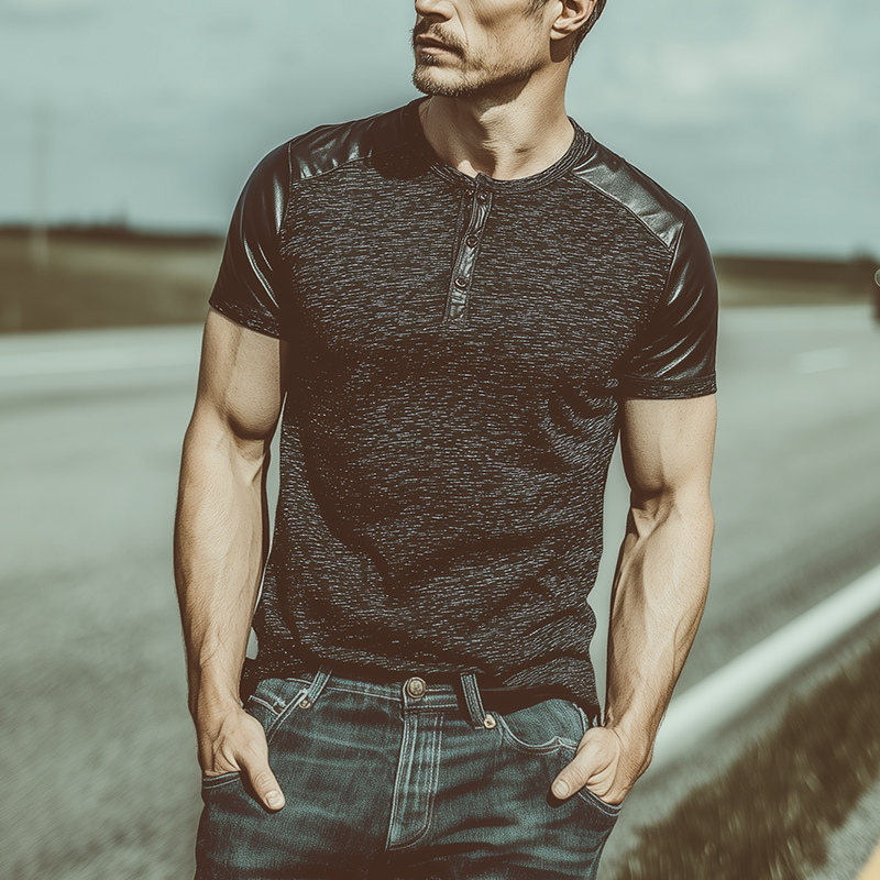 Men's Classic Casual Henley Collar Slim Fit Cotton Blend Stitching Pu Leather Short Sleeve T-shirt MTA0373G6K