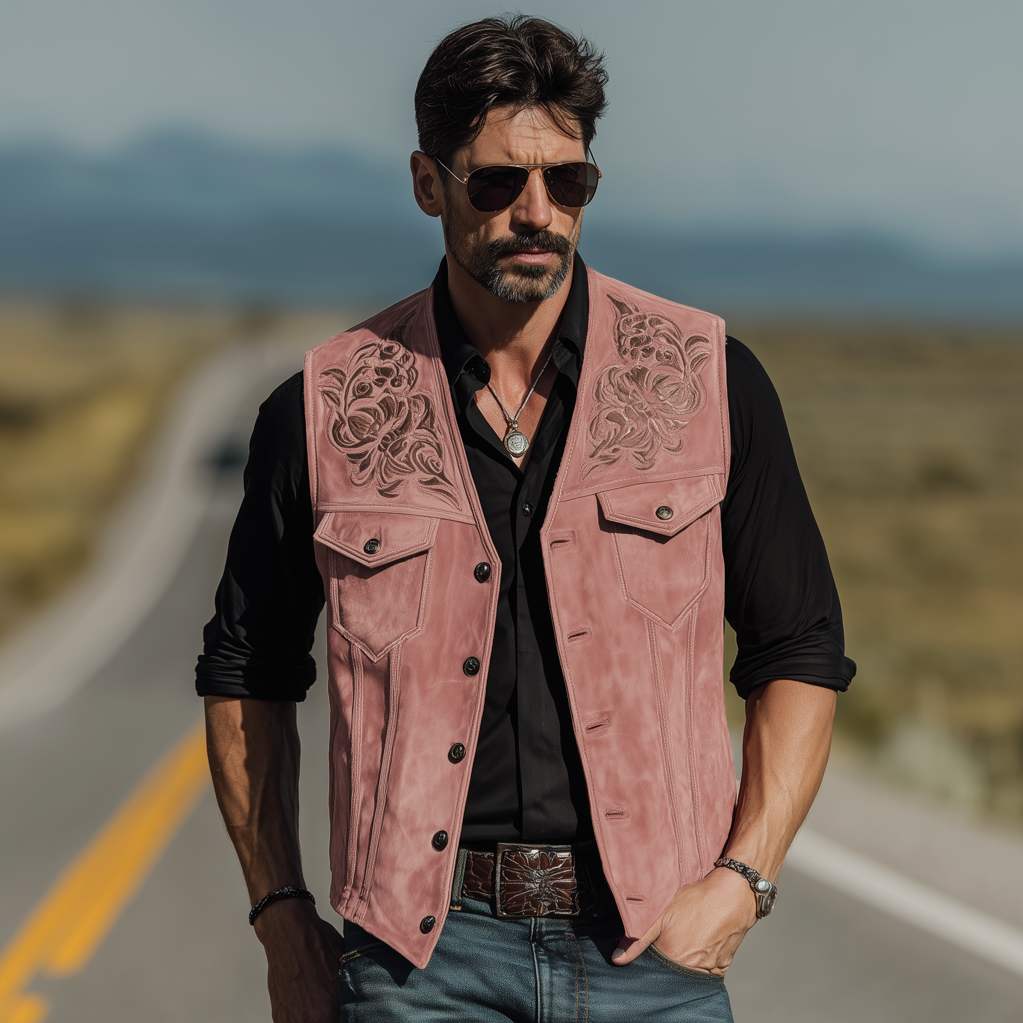Men's Classic American Retro Western Style Pink Suede Embroidered Vest MTA1901H7K