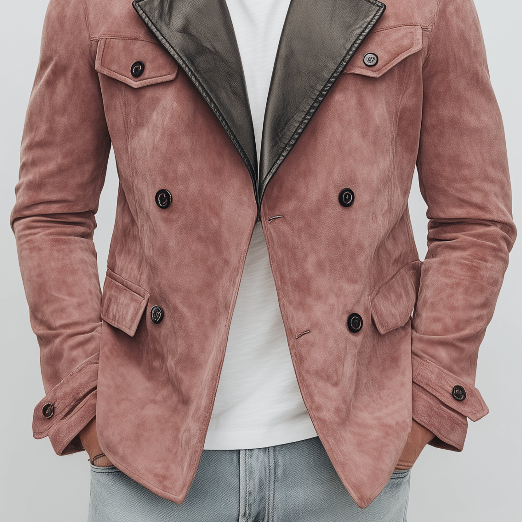 Men's Classic Casual Lapel PU Leather Double-breasted Pink Suede Multi-pocket Jacket MTA0225I4K