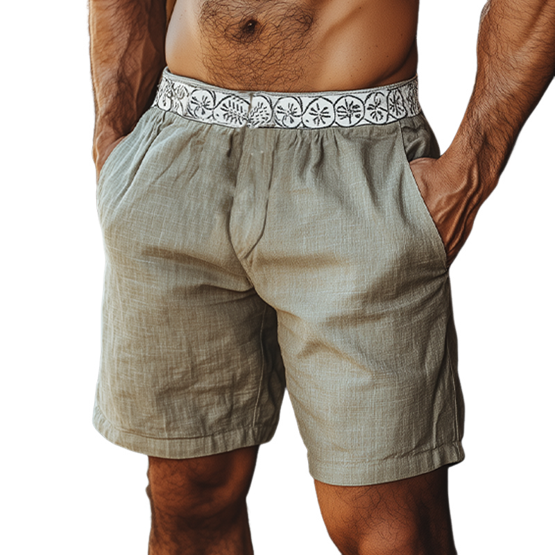 Men's Casual Fashion Waist Printed Cotton And Linen Elastic Waist Shorts MTA0321F2K
