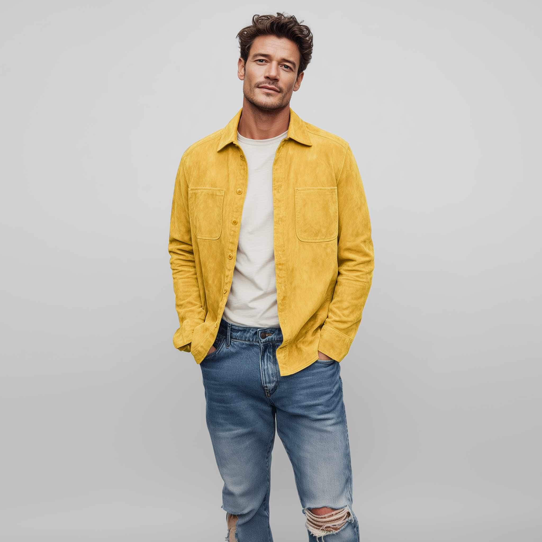 Men's Classic Casual Thin Suede Solid Color Multi-Pocket Long Sleeve Shirt MTA1802G4K