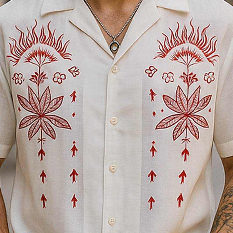 Men's Summer Fashion Embroidery Slub Cotton Short Sleeve Shirt MTA0559G6P