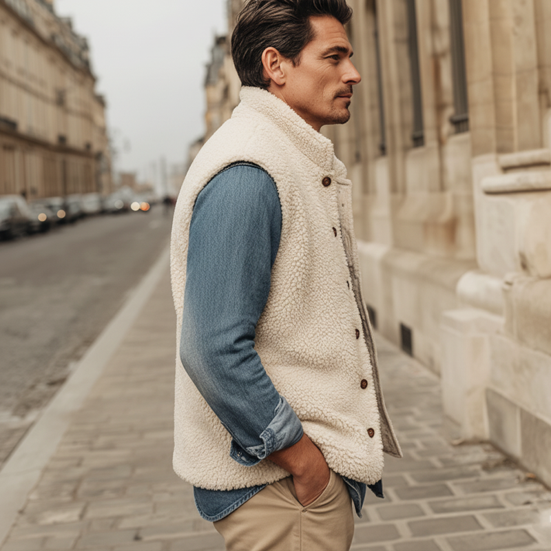 Men's Urban Warm Faux Lambskin Stand-collar Button-up Vest MTA0163L4U