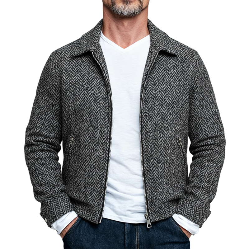 Men's Casual Blended Herringbone Lapel Zipper Jacket MTA2449K1X
