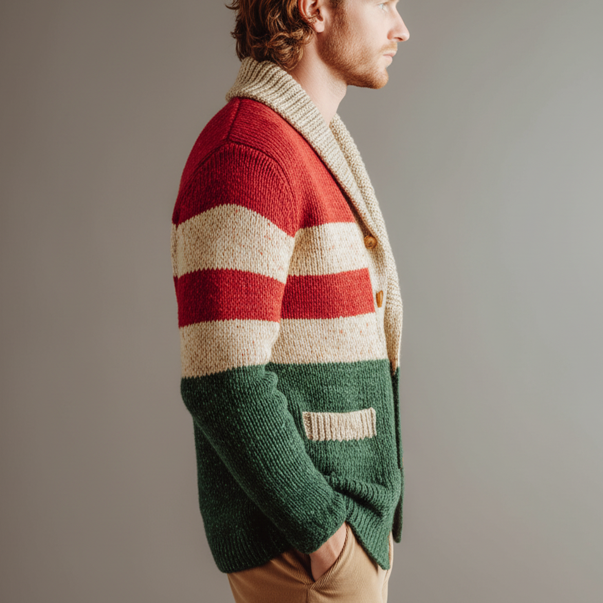 Men's Classic Casual Christmas Party Red And Green Horizontal Striped Cardigan MTA2968I8K