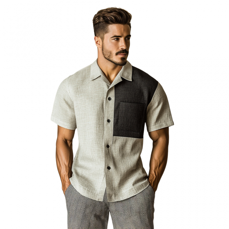 Men's Casual Contrast Linen Lapel Patch Pocket Slim Fit Short Sleeve Shirt MTA1525E7M