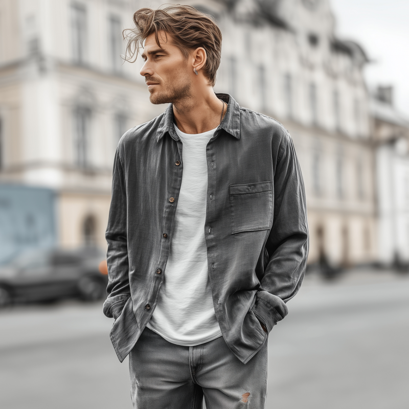 Men's Casual Solid Color Breathable Tencel Blended Lapel Patch Pocket Loose Long Sleeve Shirt MTA1707G6M
