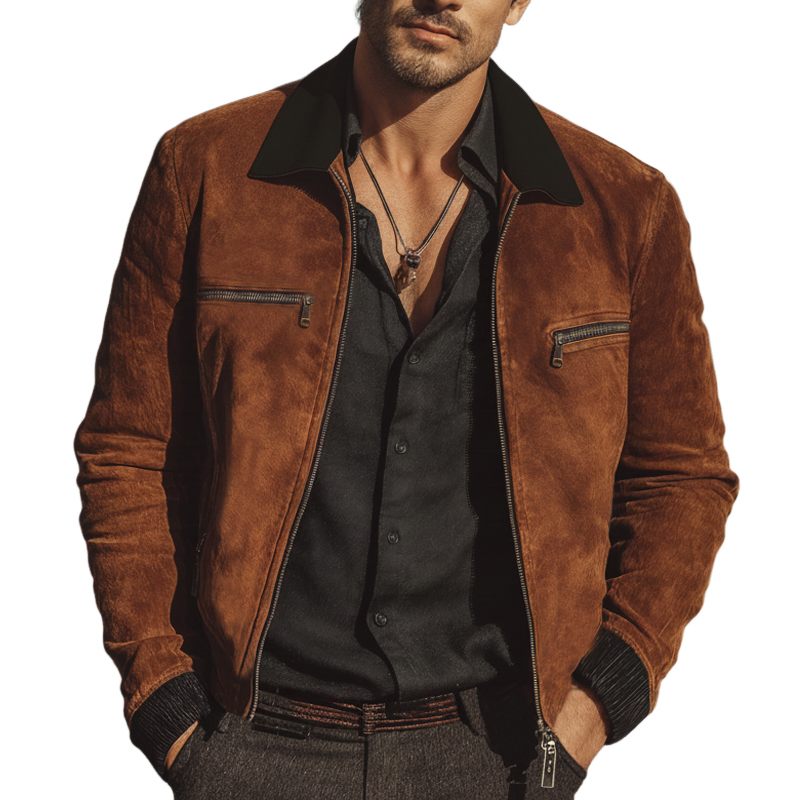 Men's Business Color Block Faux Suede Zip-Up Jacket MTZ0466A0U
