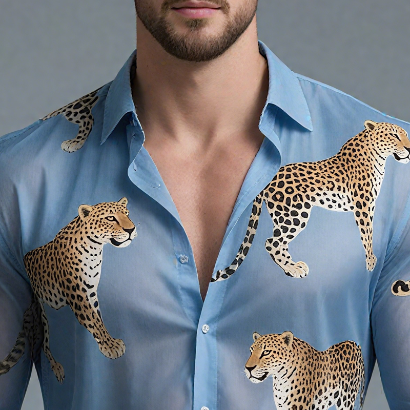 Men's Leopard Print Chiffon Lapel Long Sleeve Shirt MTA2120G3Z