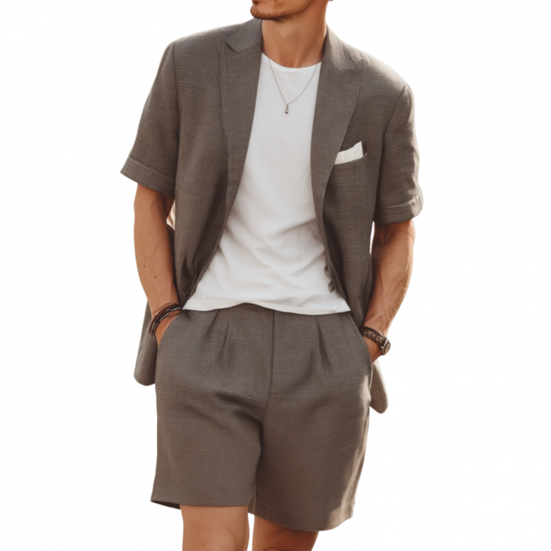 Herre casual kortermet blazer- og dressshortssett i teksturert bomullsblanding med hakkslag (ekskludert T-skjorte) MTA1841F8M