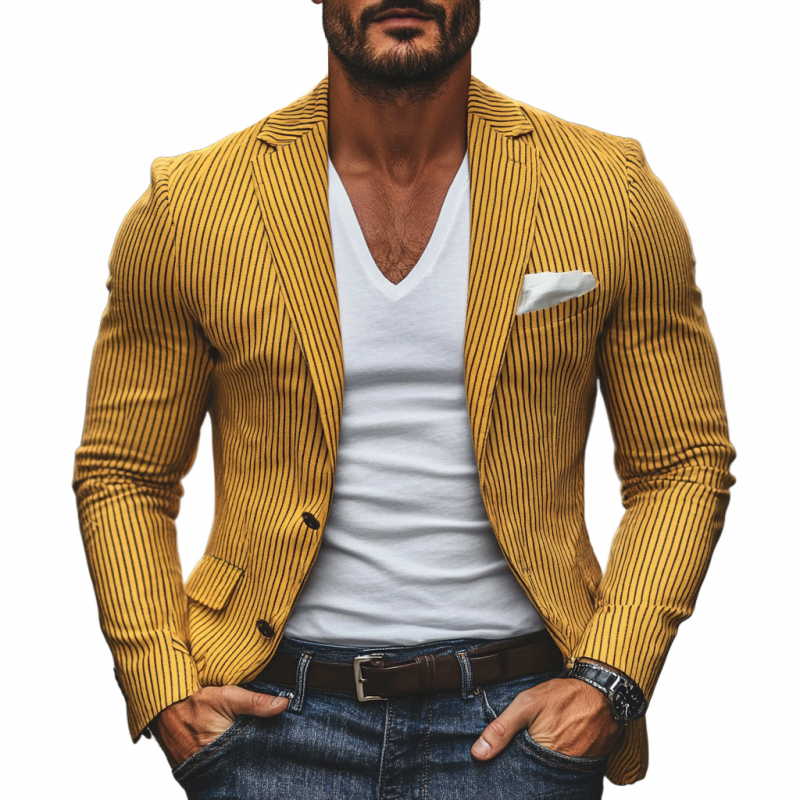 Men's Casual Breathable Linen Pinstripe Notched Lapel Single Breasted Slim Fit Blazer MTA2861D2M
