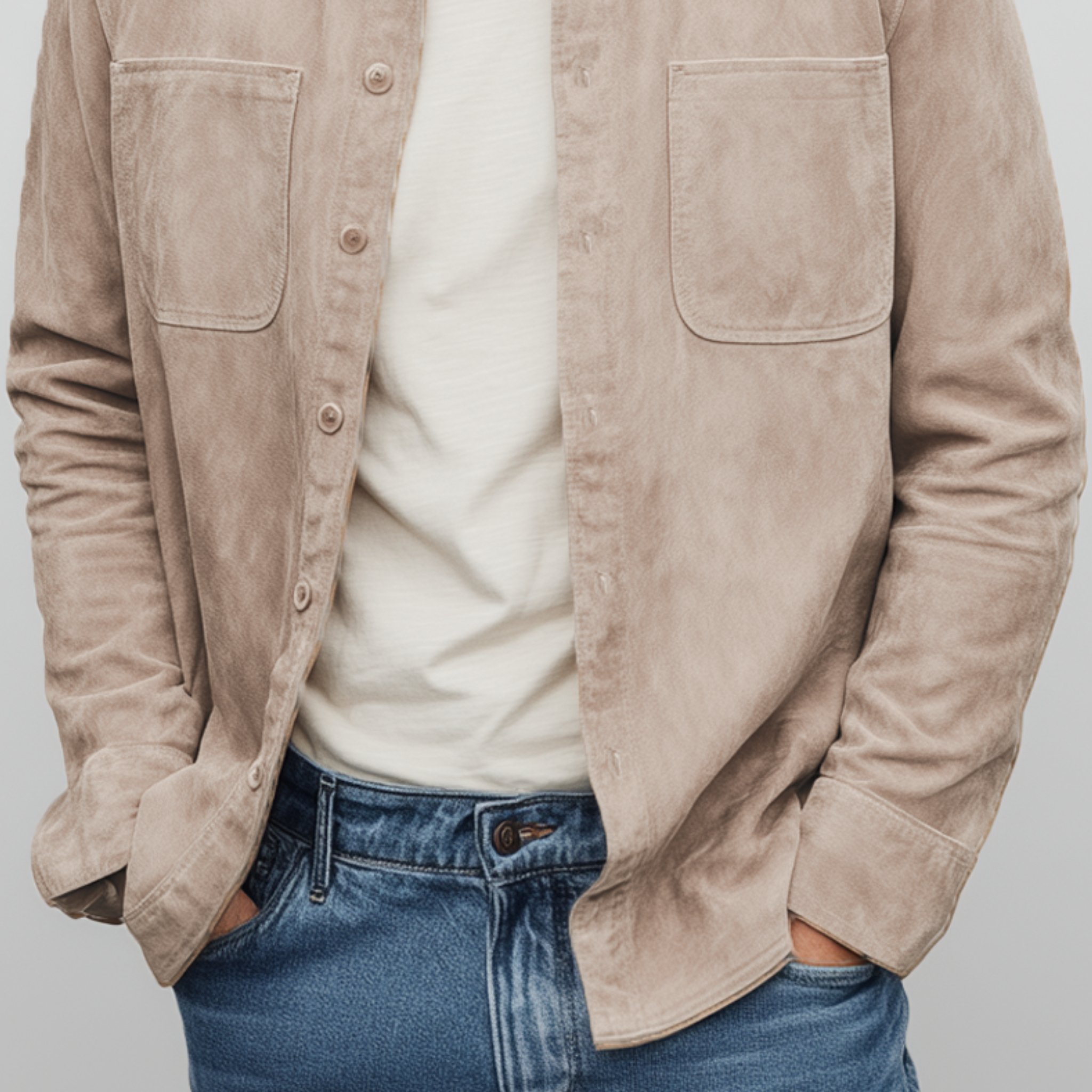 Men's Classic Casual Thin Suede Solid Color Multi-Pocket Long Sleeve Shirt MTA1802G4K
