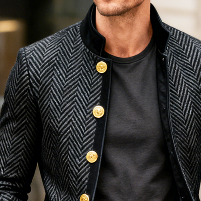 Men's Retro Casual Herringbone Velvet Patchwork Stand Collar Jacket MTA2497K4TO