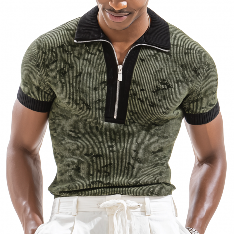 Men's Fashion Camouflage Colorblock Zipper Lapel Knitted Short Sleeve Polo Shirt MTA2795F0M