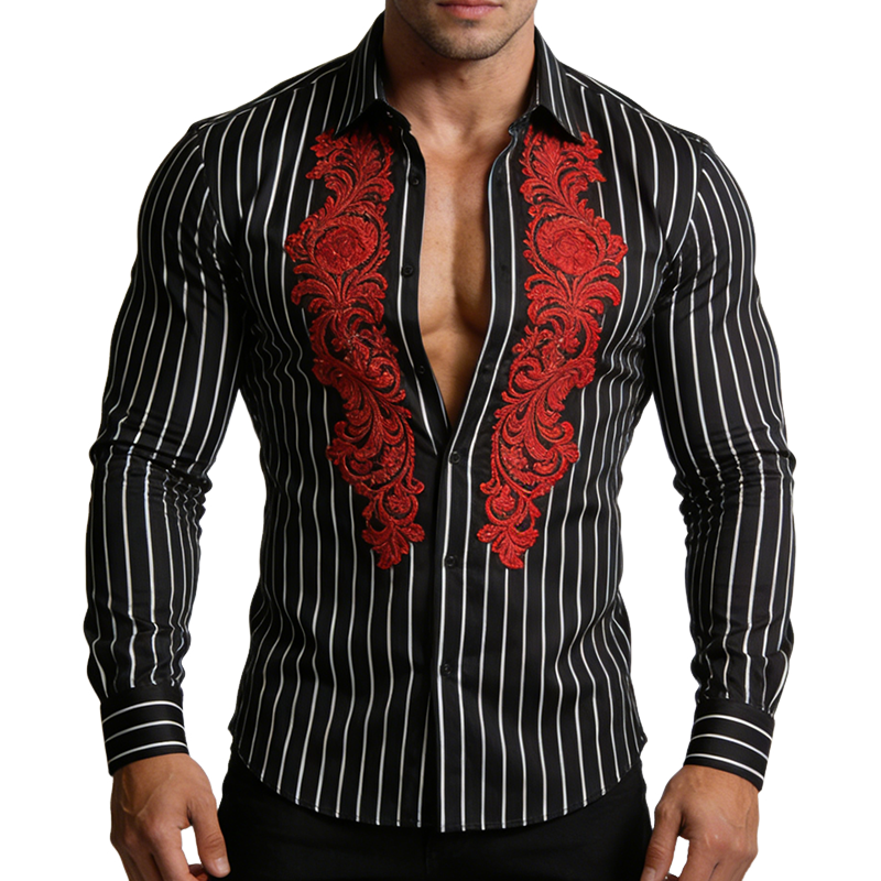 Men's Retro Casual Striped Embroidered Lapel Long-Sleeve Shirt MTA1936L6TO