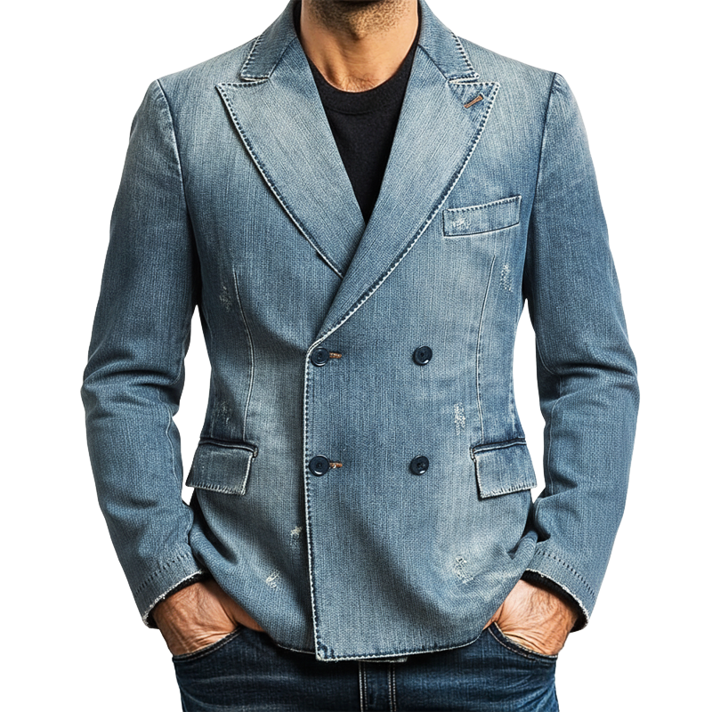Men's Stylish Double-breasted Double-slit Distressed Denim Blazer MTA2482J9U