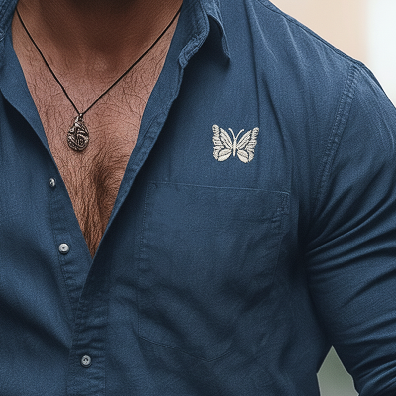 Men's Vintage Butterfly Embroidered Cotton And Linen Blend Long-sleeved Shirt MTA1671L0P
