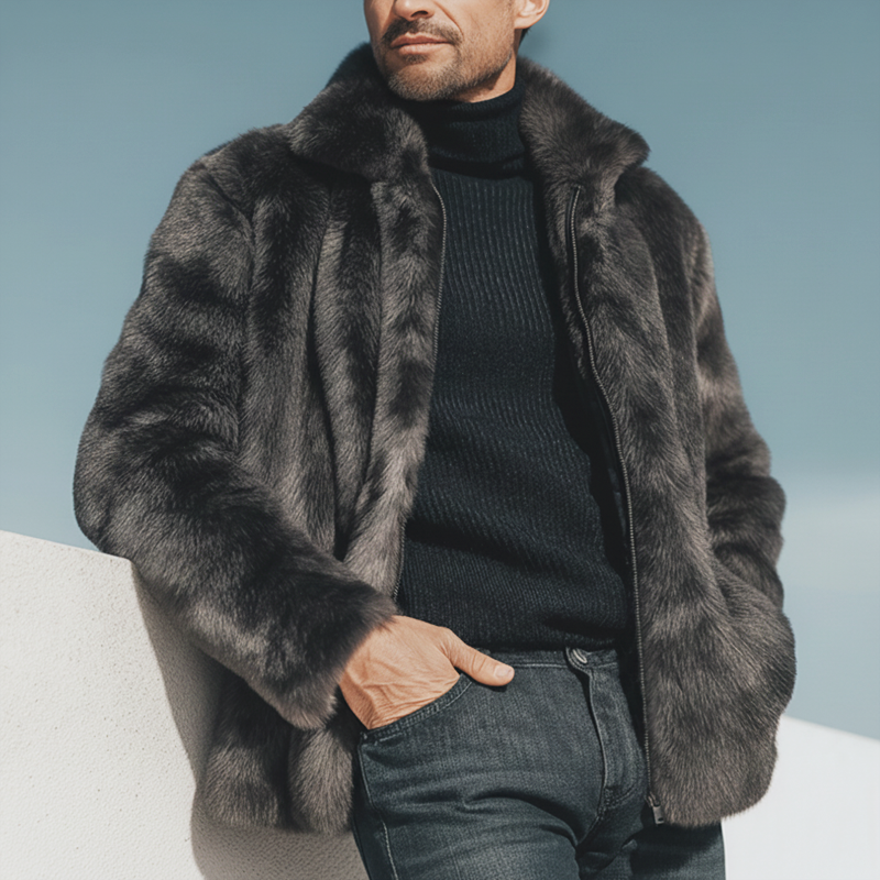 Men's Urban Style Lapel Zip-up Warm Dark Gray Faux Mink Fur Jacket MTA2584K6U