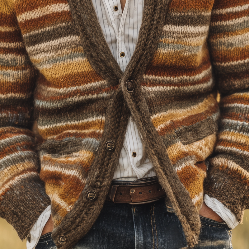 Men's Coloring Striped V Neck Single Breasted Knit Cardigan MTA3080H9Z