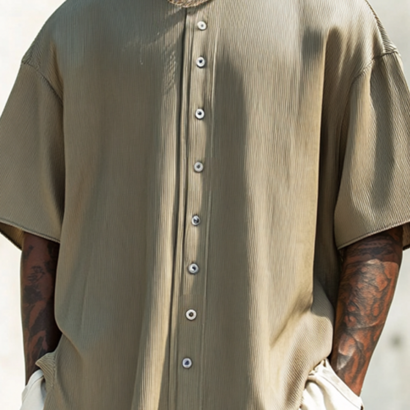 Men's Fashionable Button Decorated Round Neck Loose Short Sleeve Pullover T-Shirt MTA1349E1M