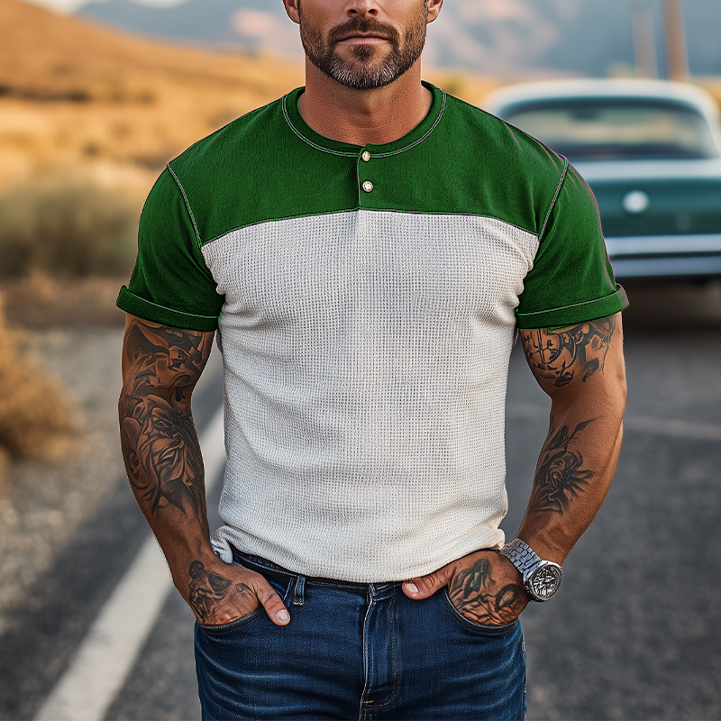 Men's Spring And Summer Casual Cotton Blend Splicing Waffle Henry Collar Short Sleeve T-Shirt MTA0125G2K