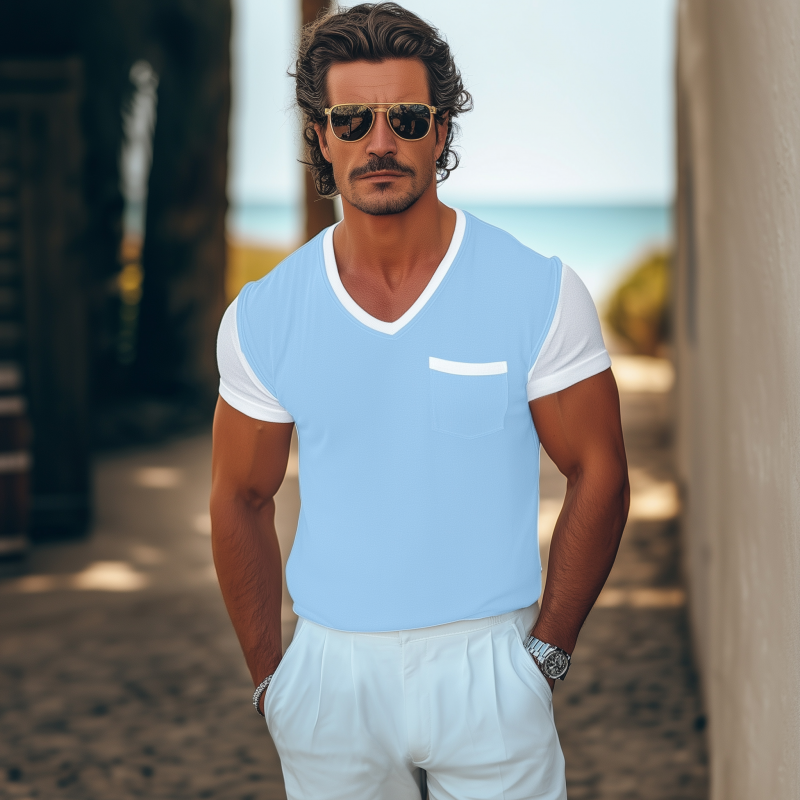 Men's Casual Breathable Cotton Colorblock V-neck Patch Pocket Slim Fit Short-sleeved T-shirt MTA0183G3M