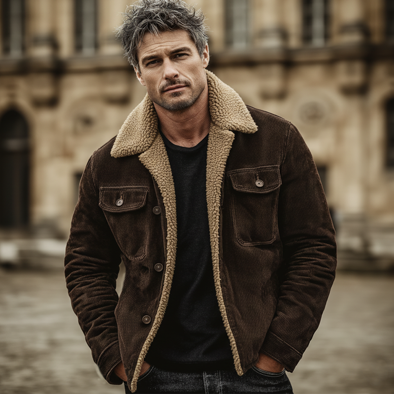Men's Classic Coffee Corduroy Shearling Lined Button-Up Jacket MTA0547K4U