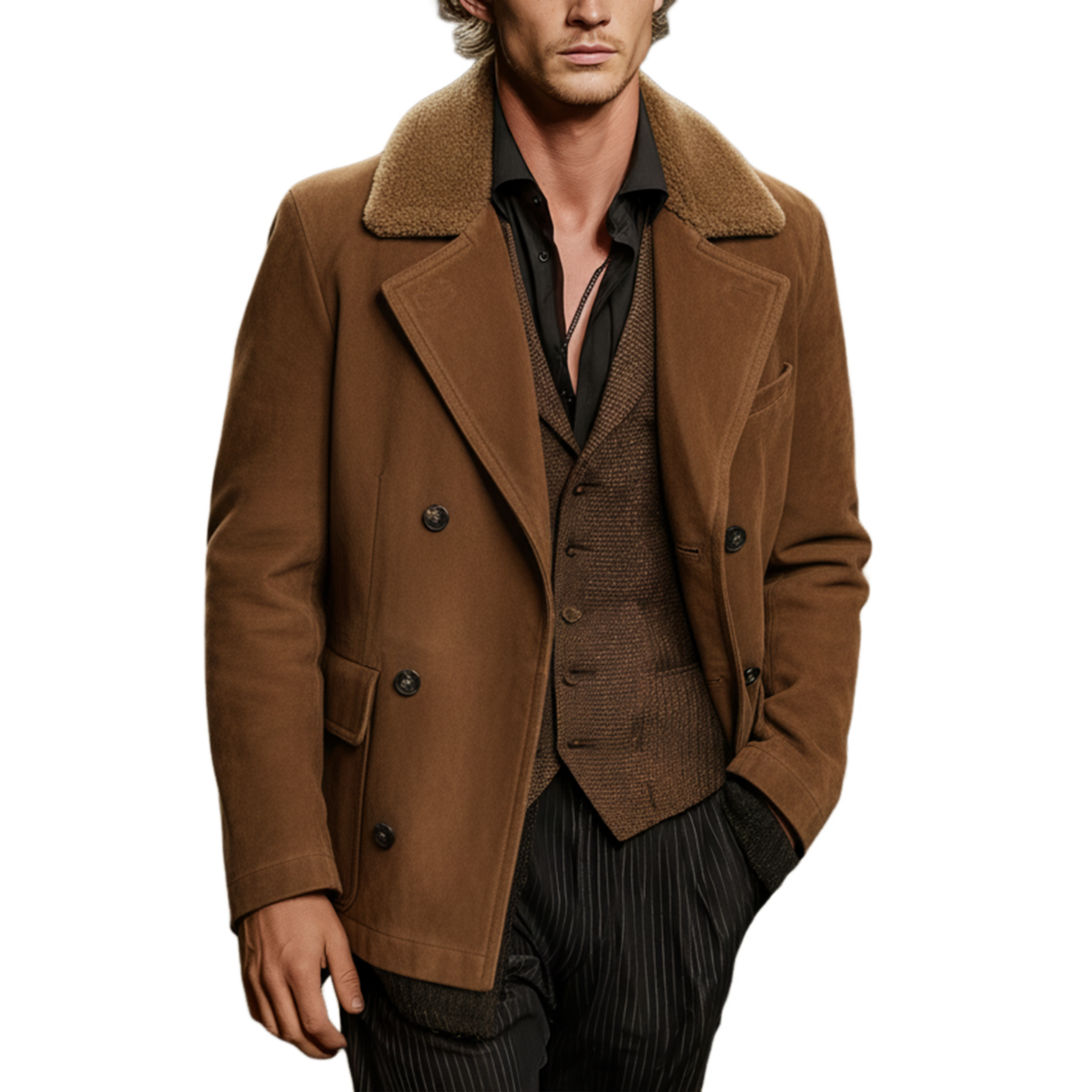 Men's Classic Retro Fleece Lapel Double-Breasted Faux Suede Jacket MTA3192J8K