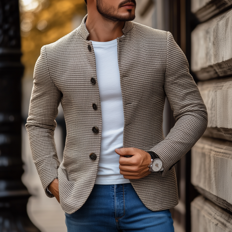 Men's Vintage Houndstooth Stand Collar Single-breasted Slim-fit Blazer MTA0407H9M