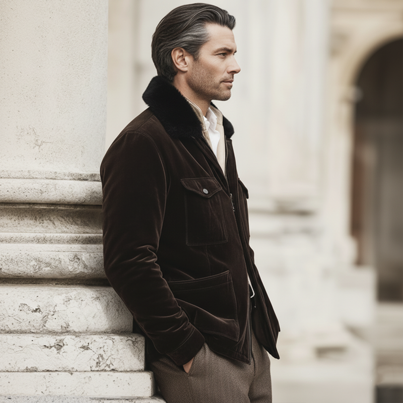 Men's Classic Chocolate Brown Velvet Fur Collar Jacket MTA2455K5U