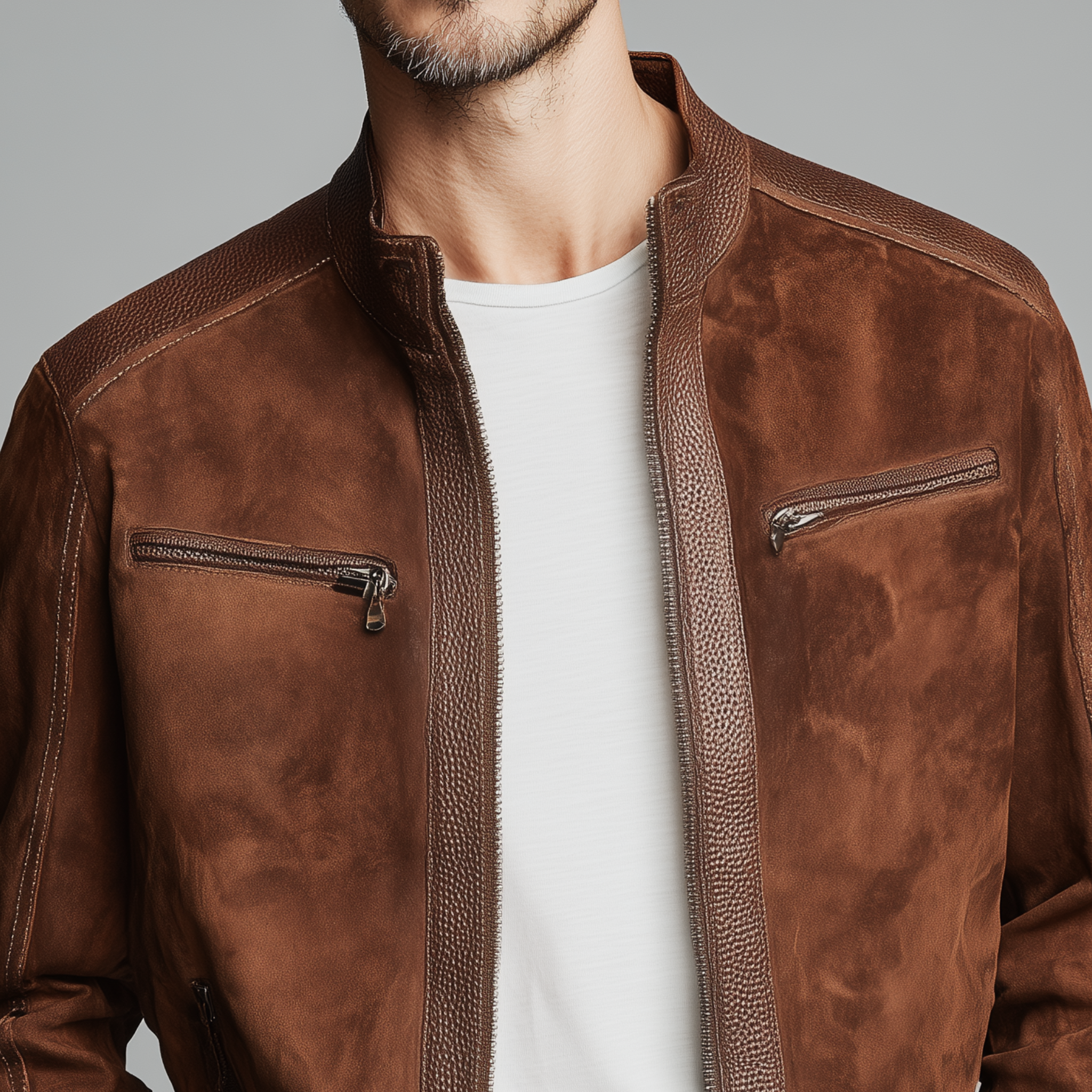 Men's Classic Retro Stand Collar Textured PU Leather Splicing Suede Slim Zipper Jacket MTA1653H6K
