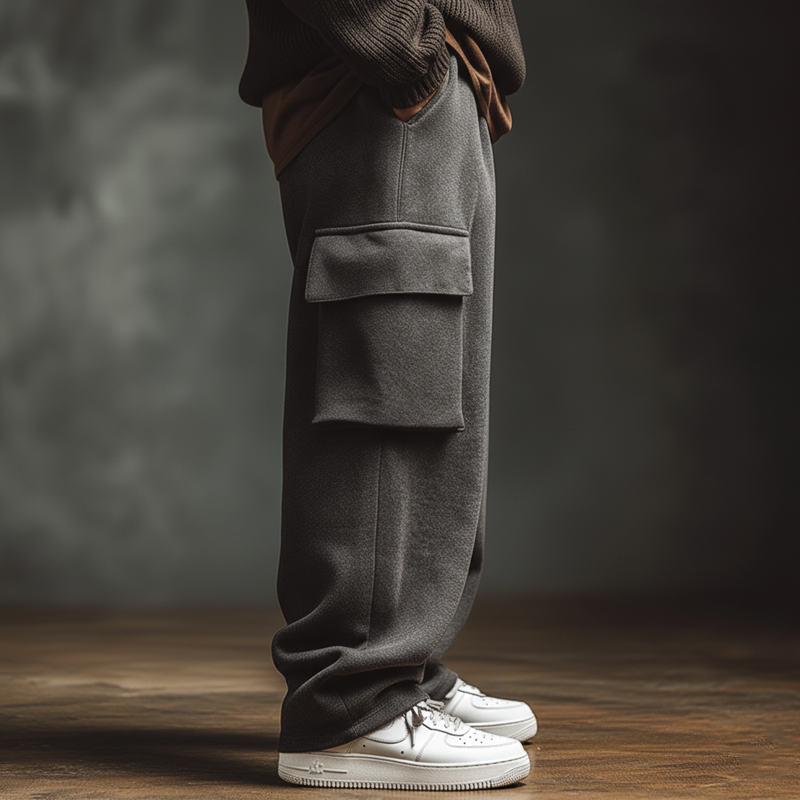 Men's Casual Dark Gray Cotton Blend Wide-leg Drawstring  Pants MTA3116J6U