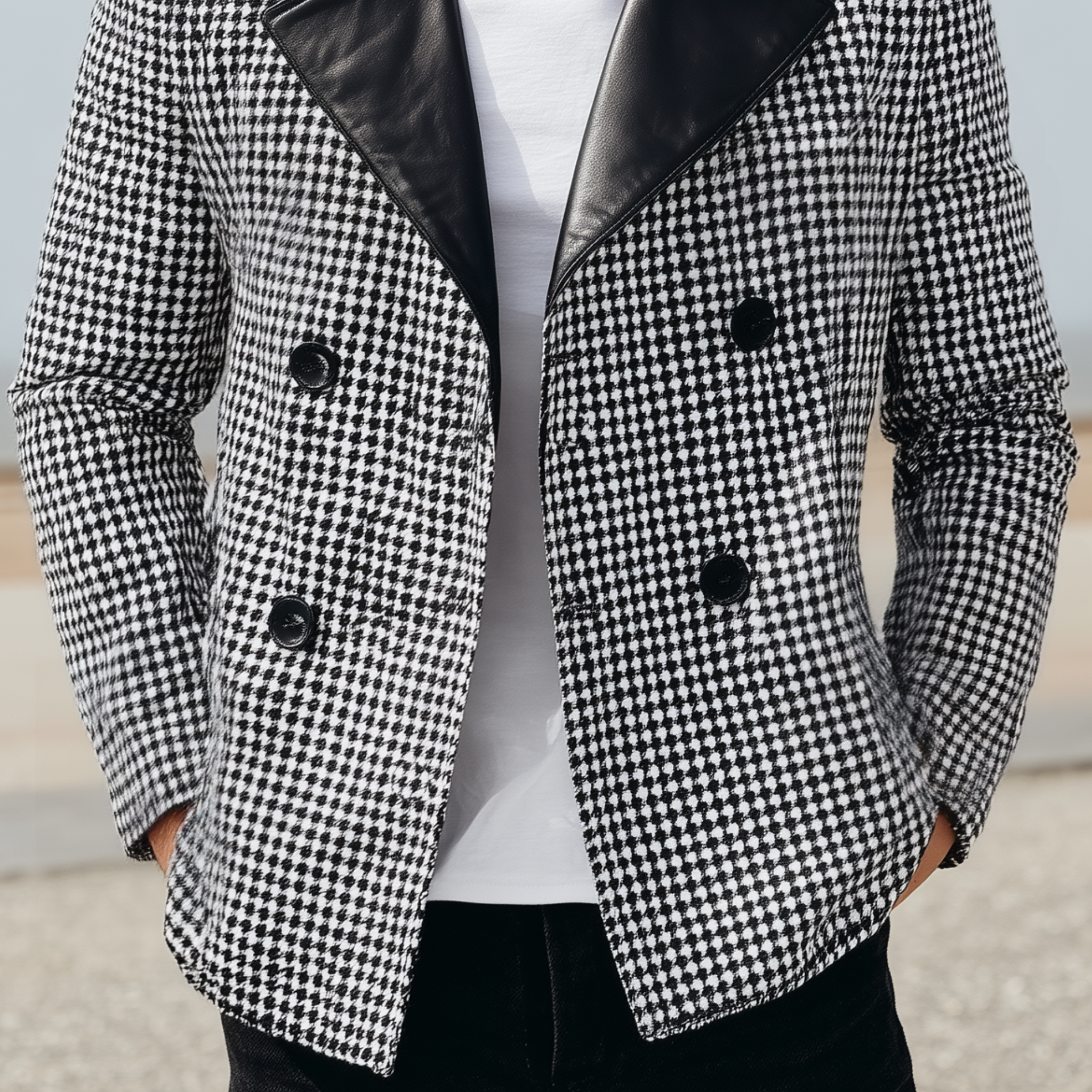 Men's Classic Casual Lapel PU Leather Double-breasted Houndstooth Fabric Jacket MTA0184I5K