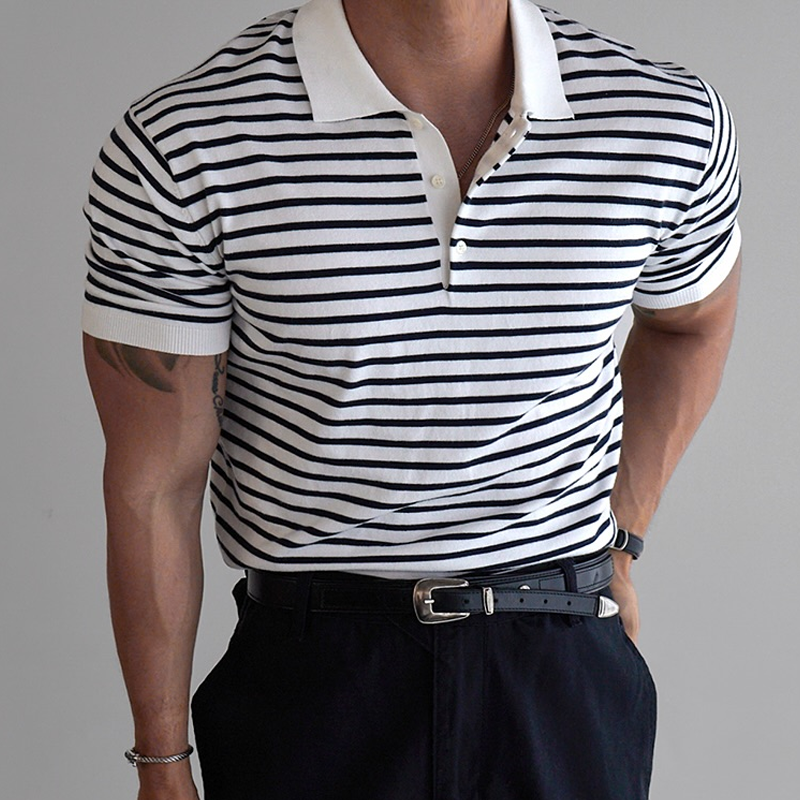 Men's Striped Lapel Short Sleeve Polo Shirt MTA0664E1Z