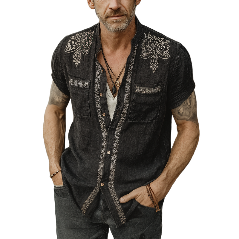 Men's Summer Vintage Silver Embroidered Short Sleeve Shirt MTA1808F5U