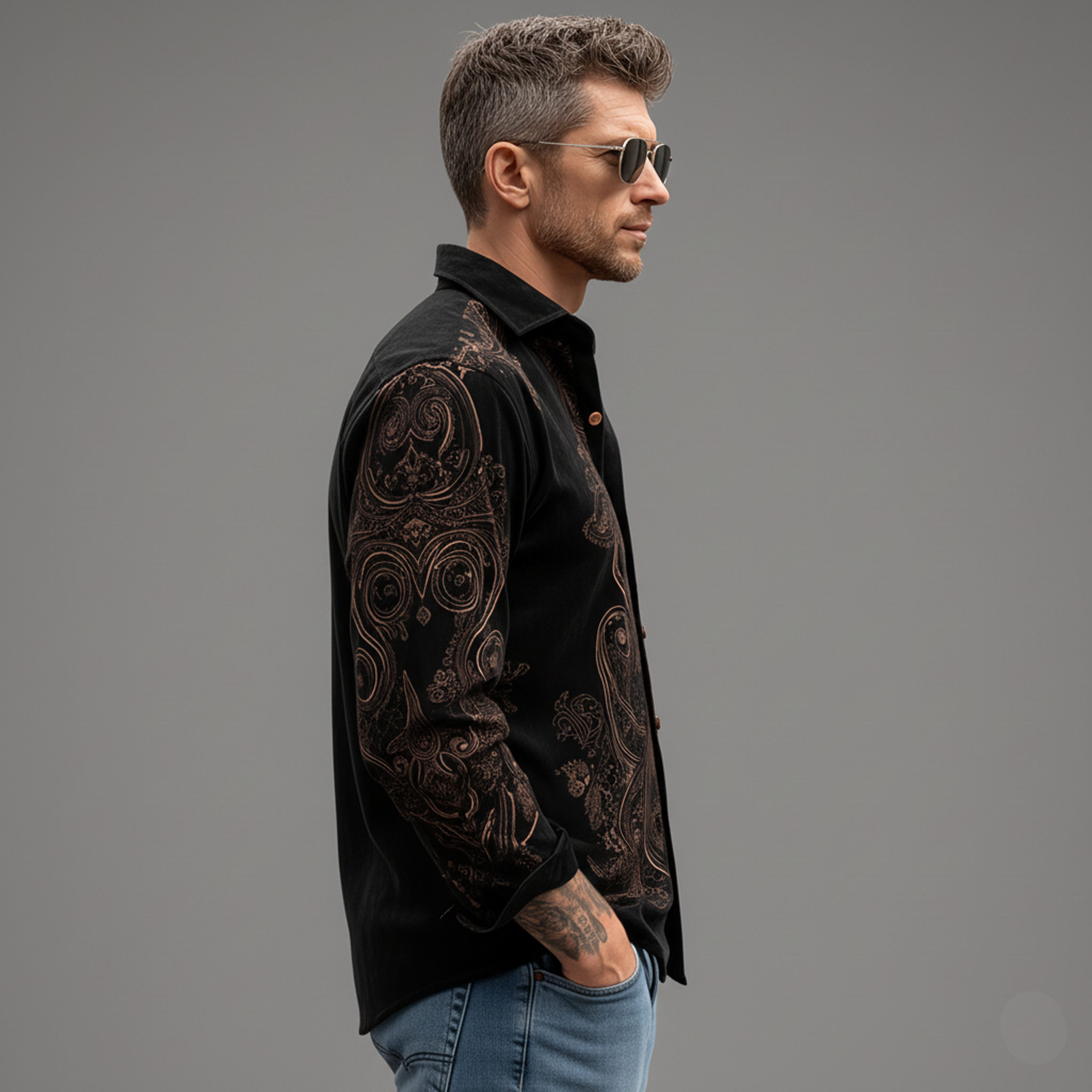 Men's Classic Vintage Faux Velvet Printed Long-sleeved Shirt MTA2096L8K