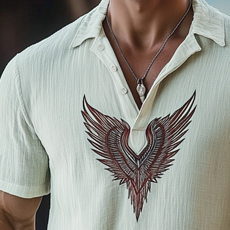 Men's Summer V-neck Retro Embroidered Short Sleeve T-shirt MTA0636E3U