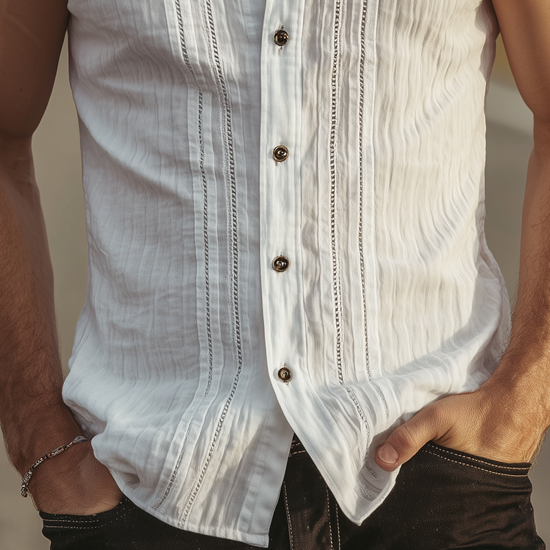 Men's Spring And Summer Classic Casual Tencel Cotton Blended Texture Hollow Stand Collar Slim Sleeveless Shirt MTA1163G6K