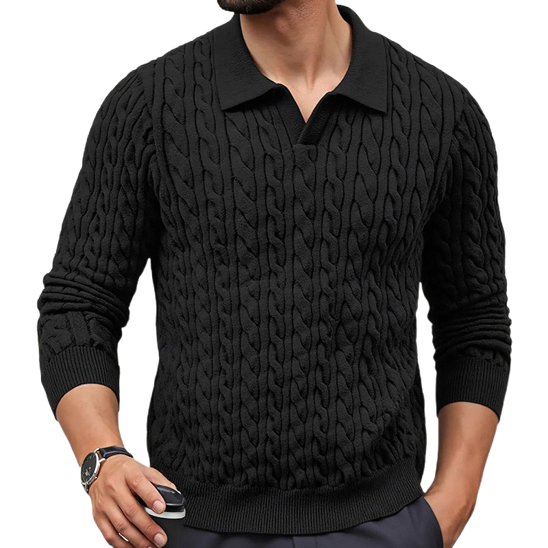 Men's Solid Color Slim-Fit Cable Textured POLO Neck Sweater MTA1373H6X
