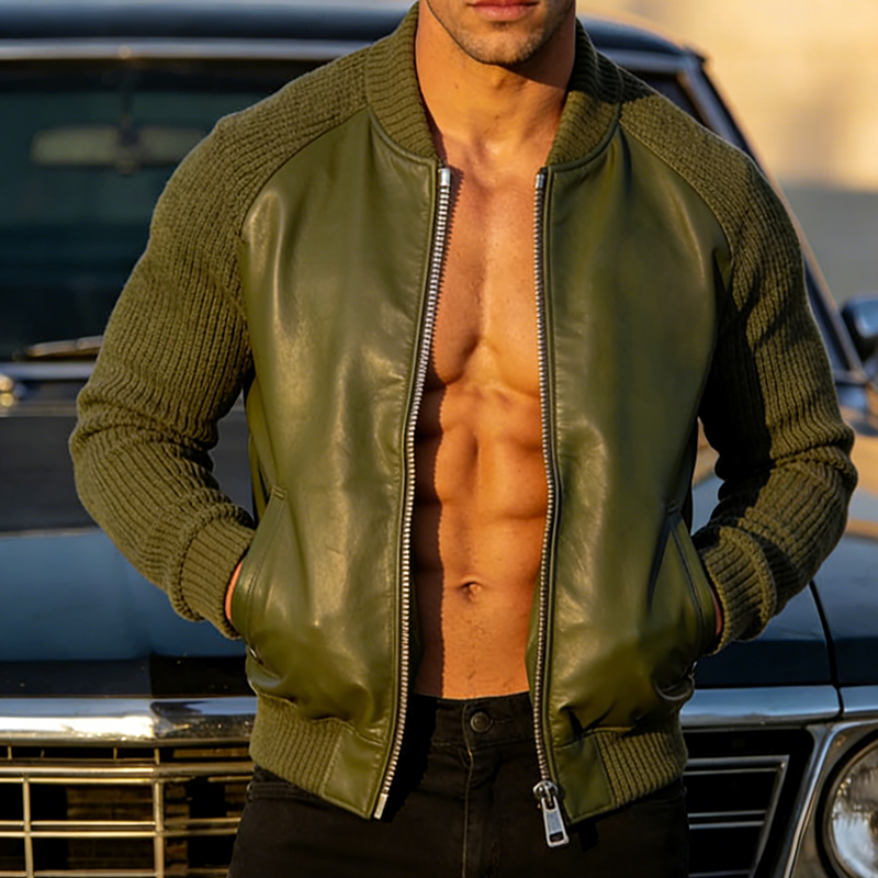 Men's Retro Casual Knitted Patchwork PU Zipper Collarless Jacket MTA1678L4TO