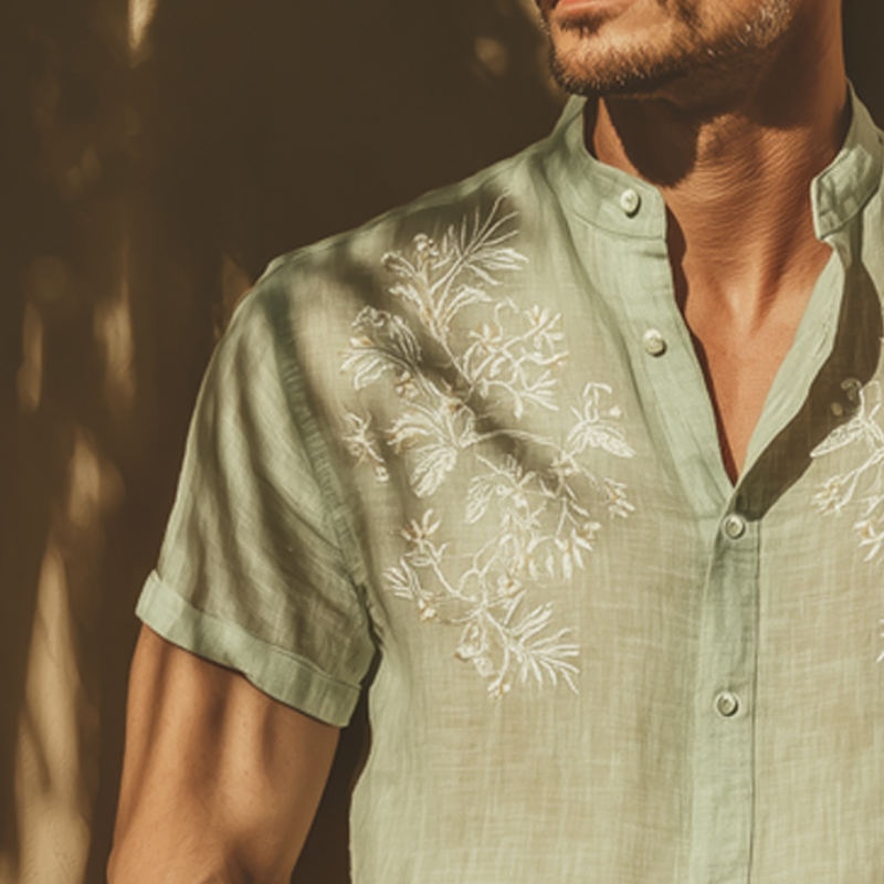 Men's Summer Classic Cotton Embroidered Stand Collar Short Sleeve Shirt MTA0792G9U