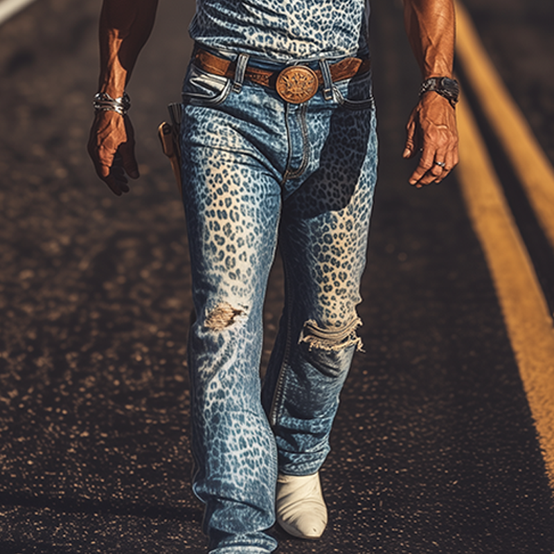 Men's Spring And Summer Fashion Personality Retro Western Cowboy Style Washed Denim Leopard Print Knee Hole Overalls (without Belt) MTA1366E3K
