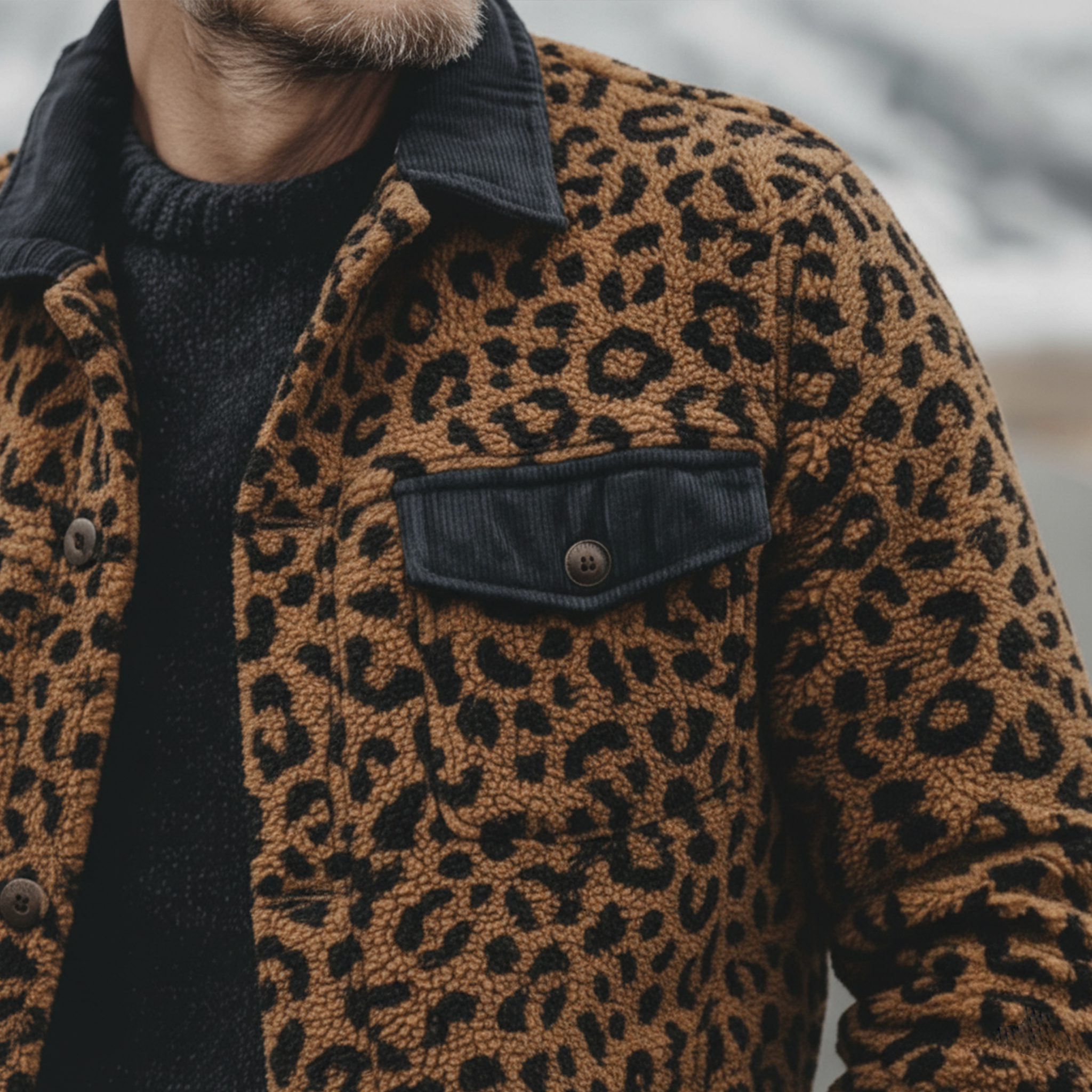 Men's Classic Casual Corduroy Collar And Flap Leopard Print Teddy Jacket MTA1714J6K