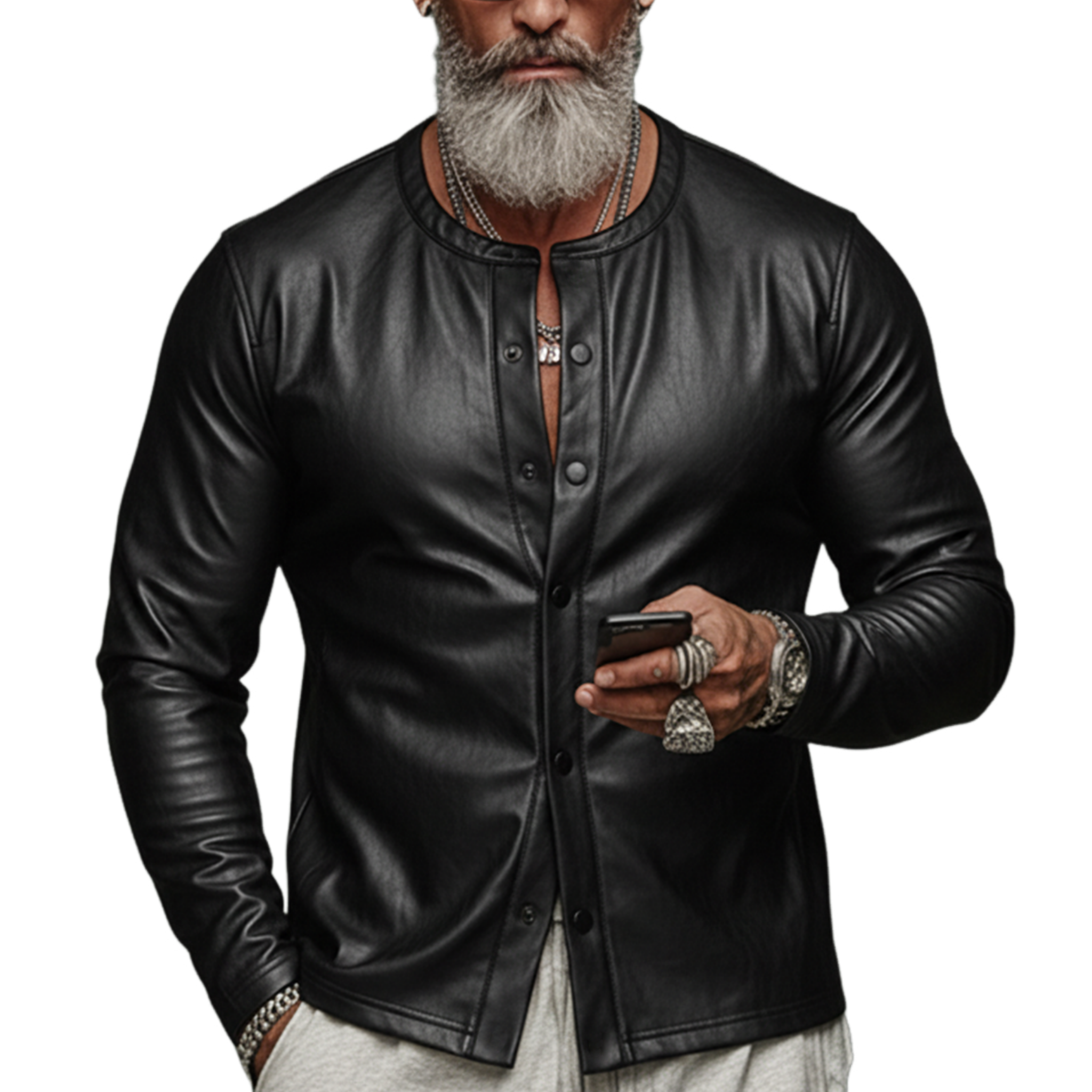 Men's Classic Casual Button-down PU Leather Slim-fit Long-sleeved Shirt MTA2590K8K