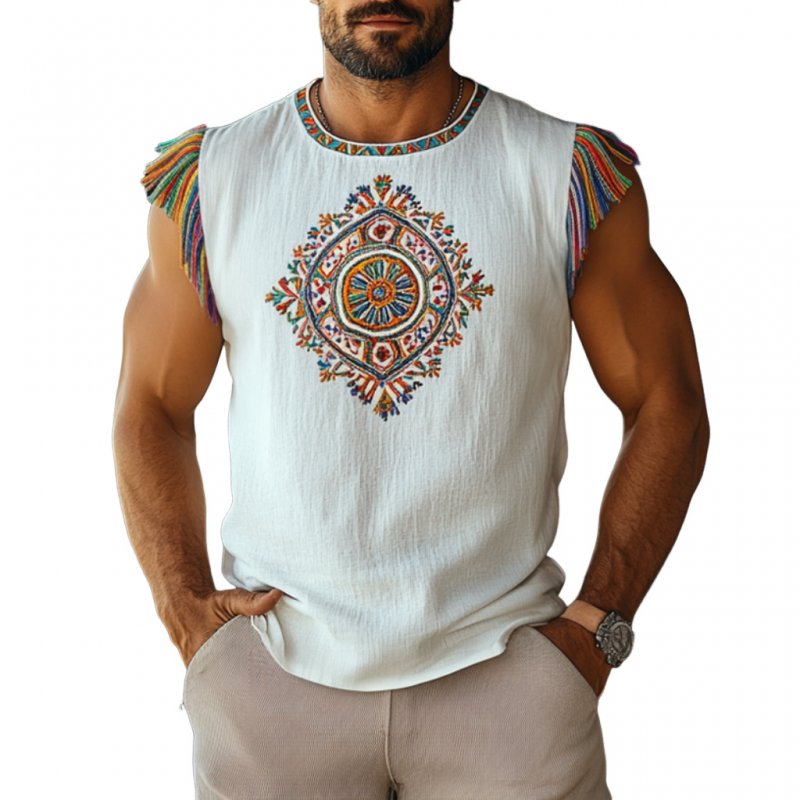 Men's Bohemian Embroidered Tassel Cotton Linen Round Neck Slim Fit Tank Top MTA2915E4M