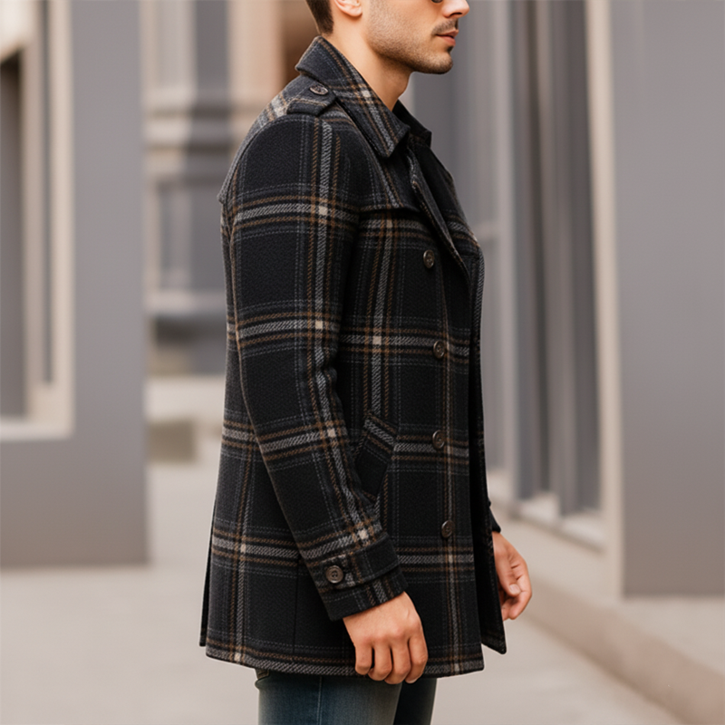 Men's Classic Double-Breasted Plaid Cropped Coat MTA0943J0U
